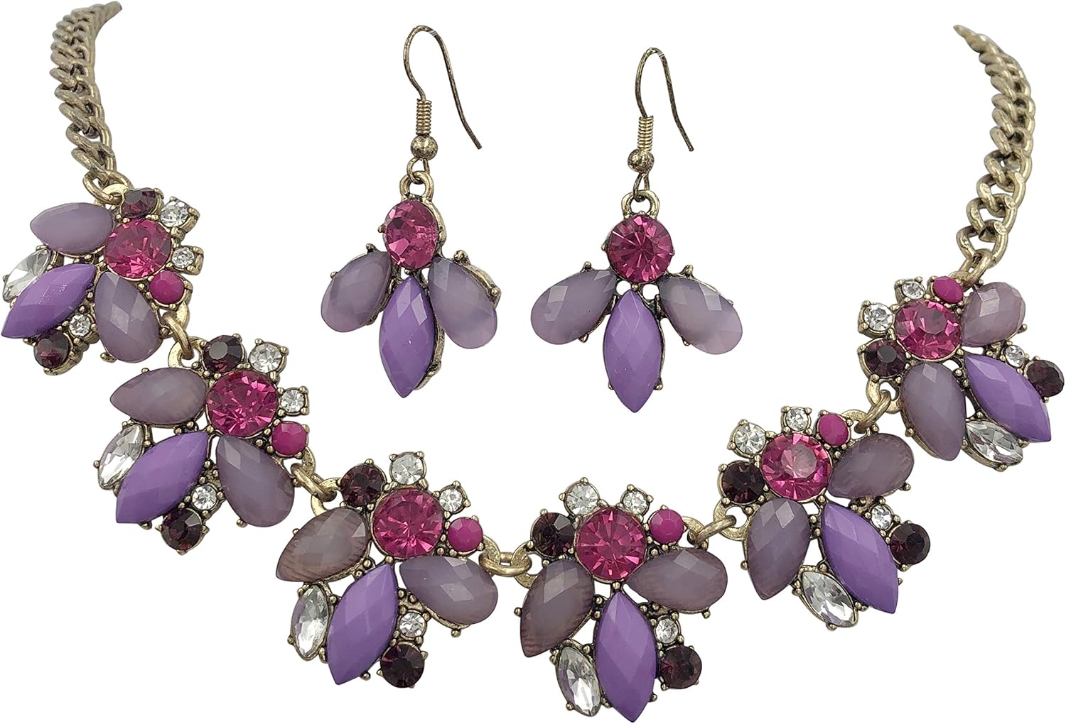 Gypsy Jewels Multi Shapes Resin & Rhinestone Trendy Statement Boutique Style Necklace & Earrings Set - Assorted Colors (Pink Purple Lavender)