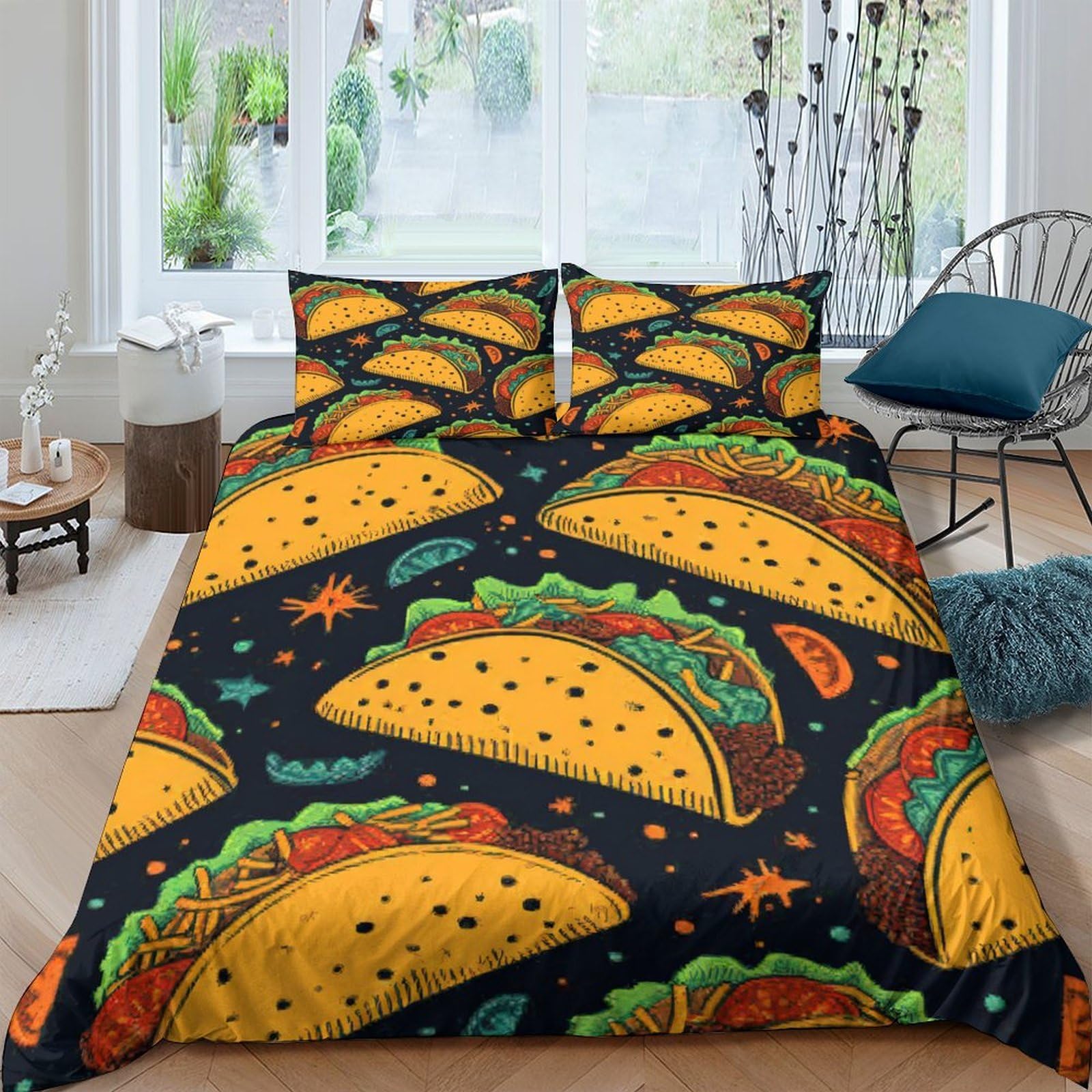 GPLZQXKJNH 3D Printed Taco Pattern Duvet Cover Microfiber Soft Breathable Mexican Food Bedding Set with 2 Pillowcases for Bedroom Decor Single（135x200cm）