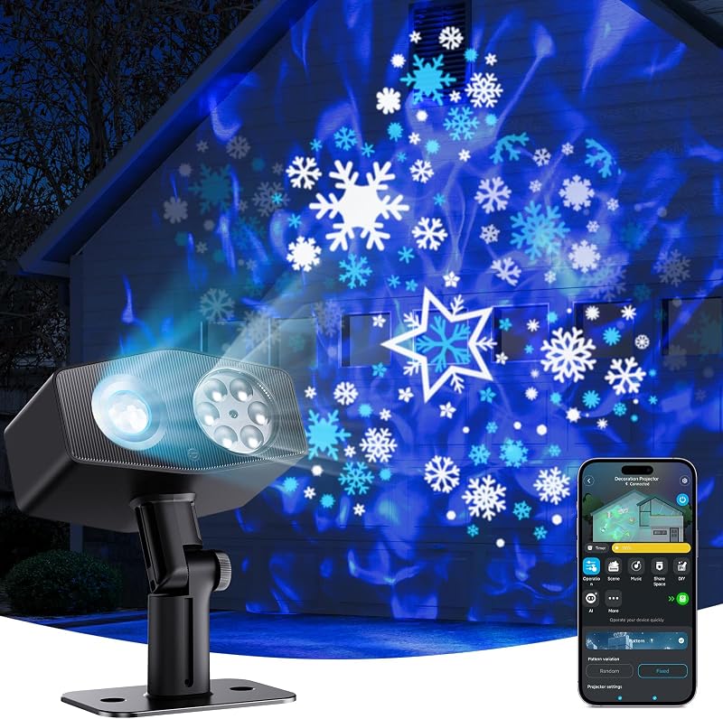 Outdoor Decoration Projector Light, LED Snowflake Projector, IP67 | 180° Rotation, 20 HD Effects & 58 Scene Modes with App Control, Compatible with Alexa, Google Assistant, Matter