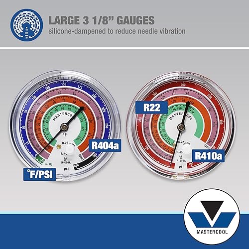 Miniatura 5 de Juego de colectores Mastercool (59161) de latón R410A, R22, R404A 2vías con calibradores de 3y 18 in, mangueras de 3a 60 in y ajustes estándar de 14