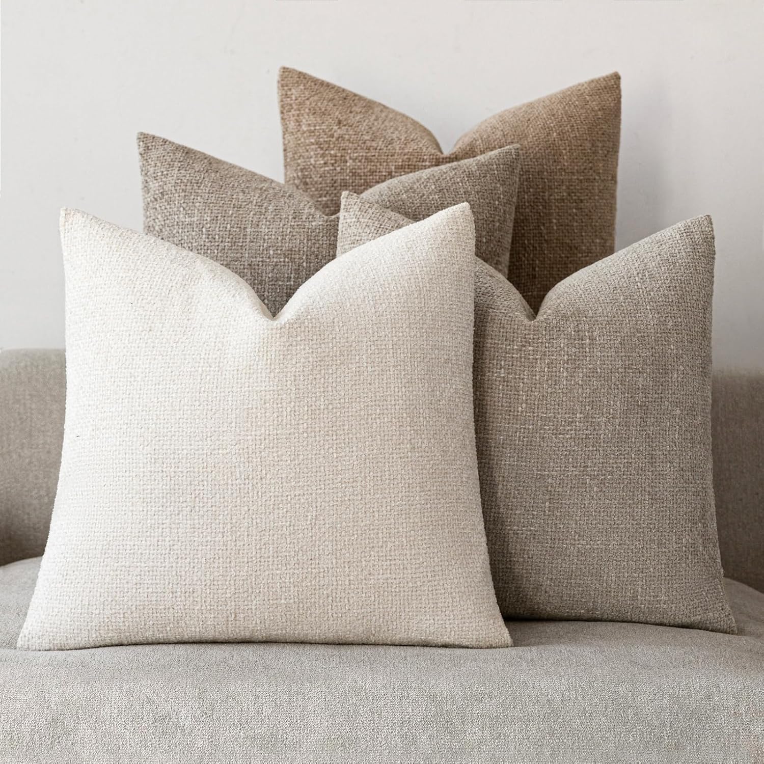 Neutral Throw Pillow Covers 18x18 Inch Set of 4, Beige Coffee Series - Textured Chenille for Couch, Bed and Living Room