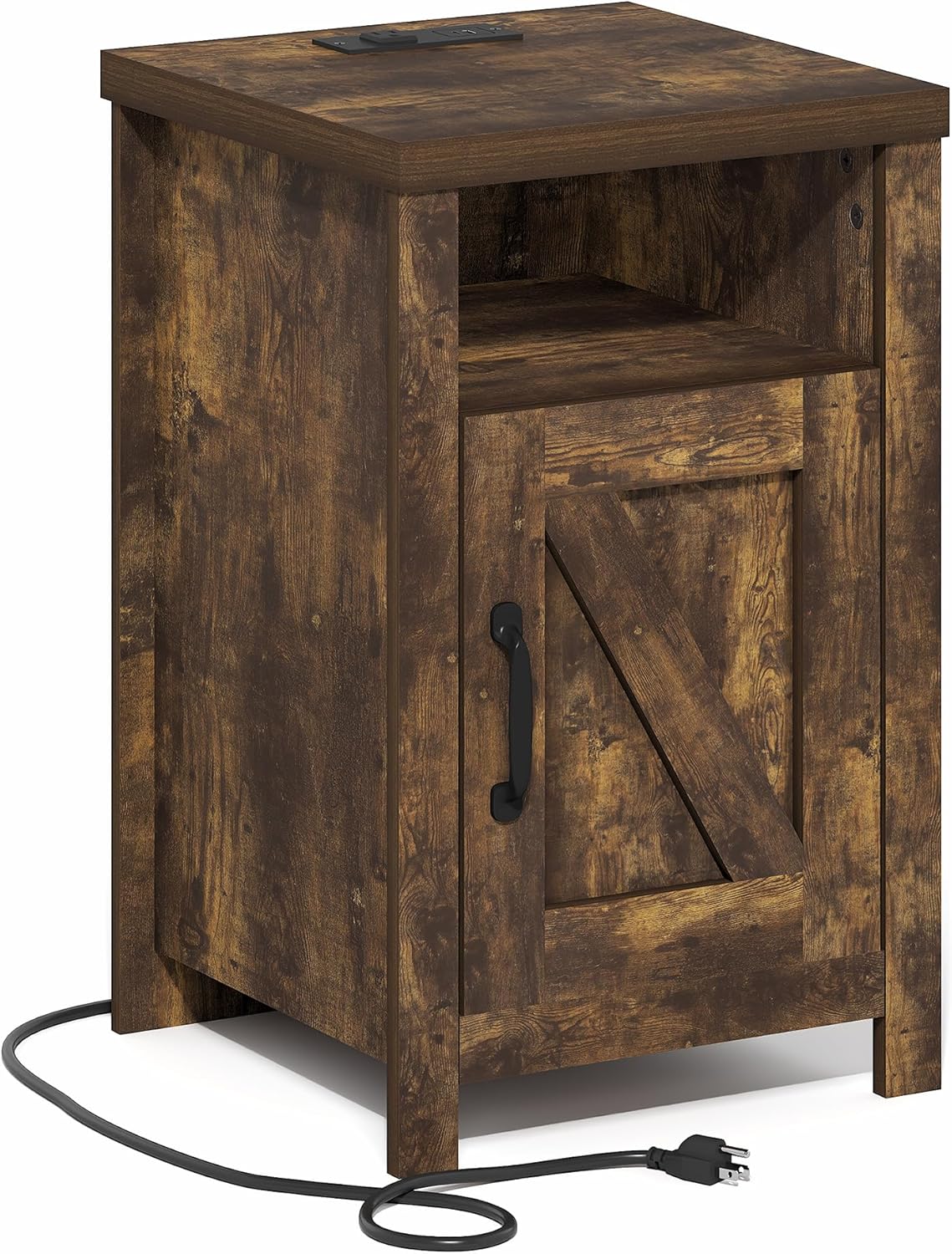 Furinno Farmhouse Night Stand with Charging Station, Bedside Table, Side Table, End Table with Door, USB Ports and Outlets, for Bedroom, Closet, Dorm, Amber Oak