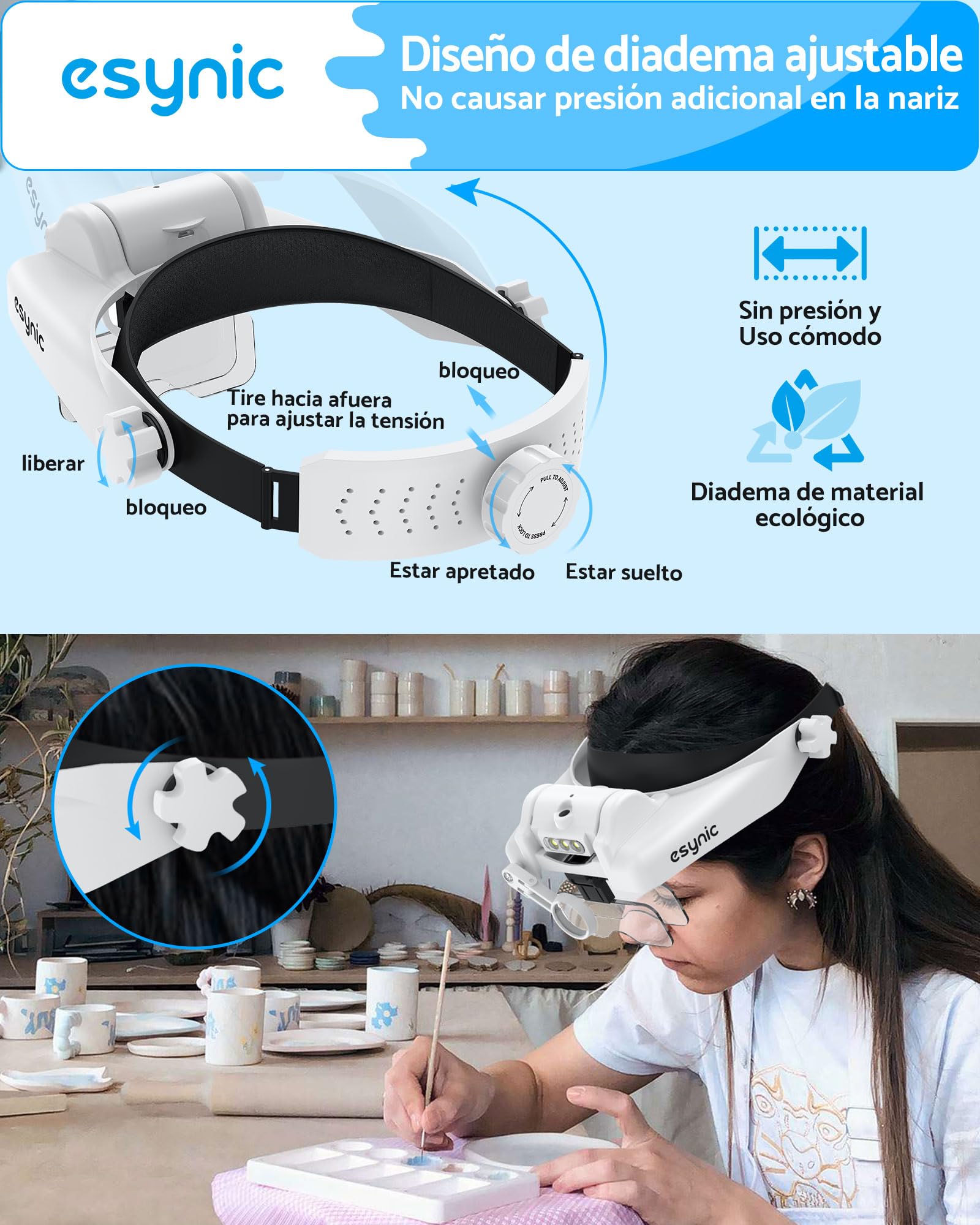 eSynic Gafas de Lupa Recargable con 3 LED, Lupa de Gran Aumento 1X a 14X con Ajuste de Brillo y 5 Lentes Desmontables (1.0X,1.5X,2.0X,2.5X,3.5X) para Manualidades,Leer,Coser,Reparación