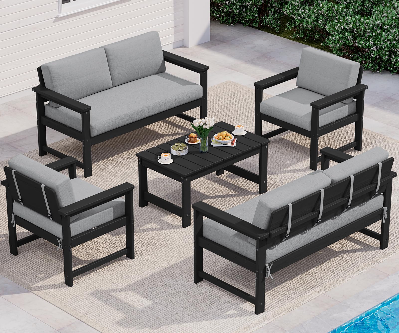 SERWALL 5 Pieces HDPE Outdoor Conversation Sofa Set with Cushion