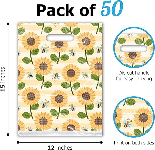 Miniatura 3 de Pro Supply Global 12x15 (100) Girasoles y abejas Diseñador Retail Boutique Merchandise Bolsas con Asas Premium Impreso Bolsas de Compras Amarillo,