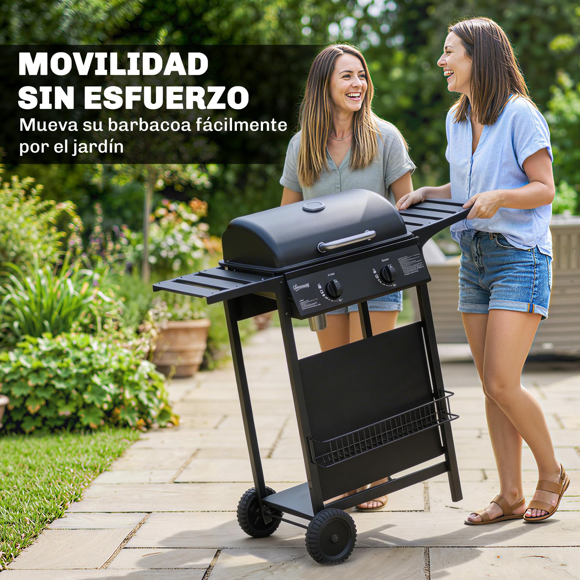 Outsunny Barbacoa de Gas BBQ Gas con 2 Quemadores 5 kW, Barbacoa Portátil con Termómetro, Mesas Laterales, Estante, Rejilla Calentadora, Encendido Piezoeléctrico, Bandeja de Grasa y 2 Ruedas, Negro