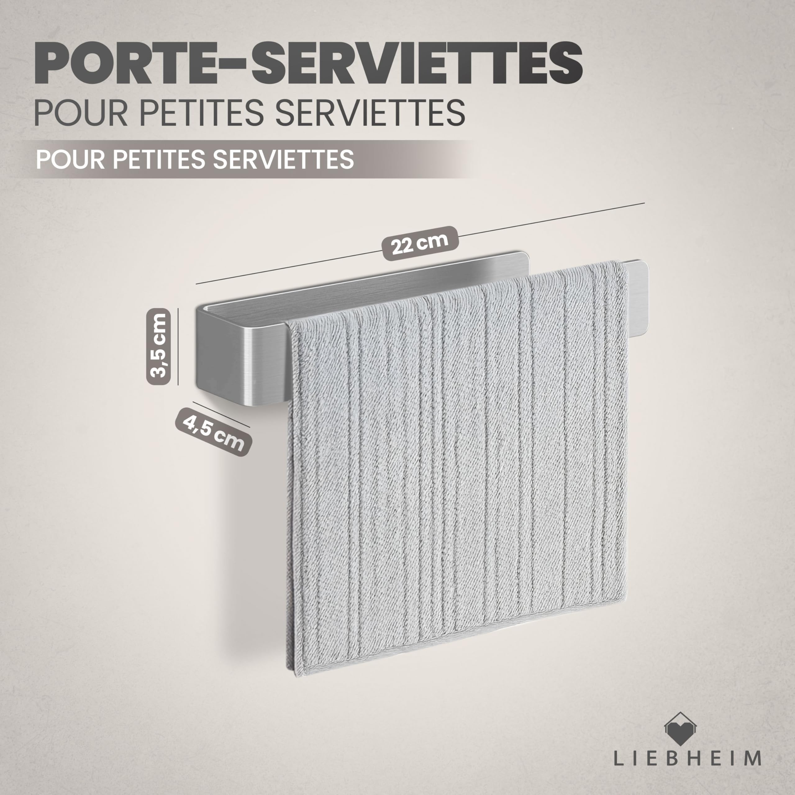 LIEBHEIM Porte-Serviette Salle de Bain - Porte Serviette Mural sans Percage - Support Serviette Salle de Bain - Porte Torchon (Acier Inoxydable Brossé 22 cm)