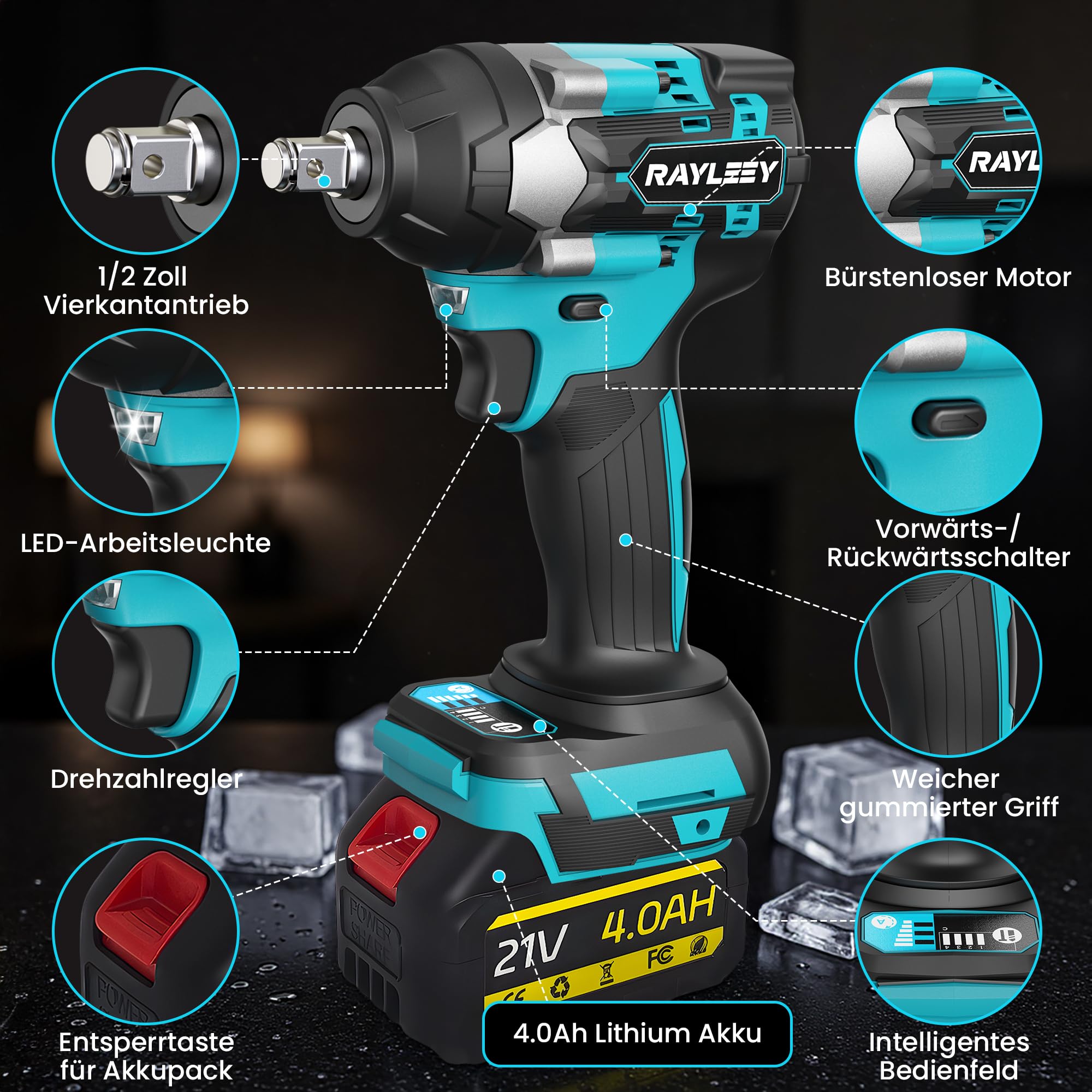 Akku-Schlagschrauber für Makita 18V, 1000 N.m(740 Ft-lbs),1/2 Zoll Bürstenloser Elektro-Schlagschrauber mit 3300 U/min, 2x 4.0Ah Akku & Ladegerät, 6 Steckschlüsselsatz für Autoreifen, Gerüstbau,DIY