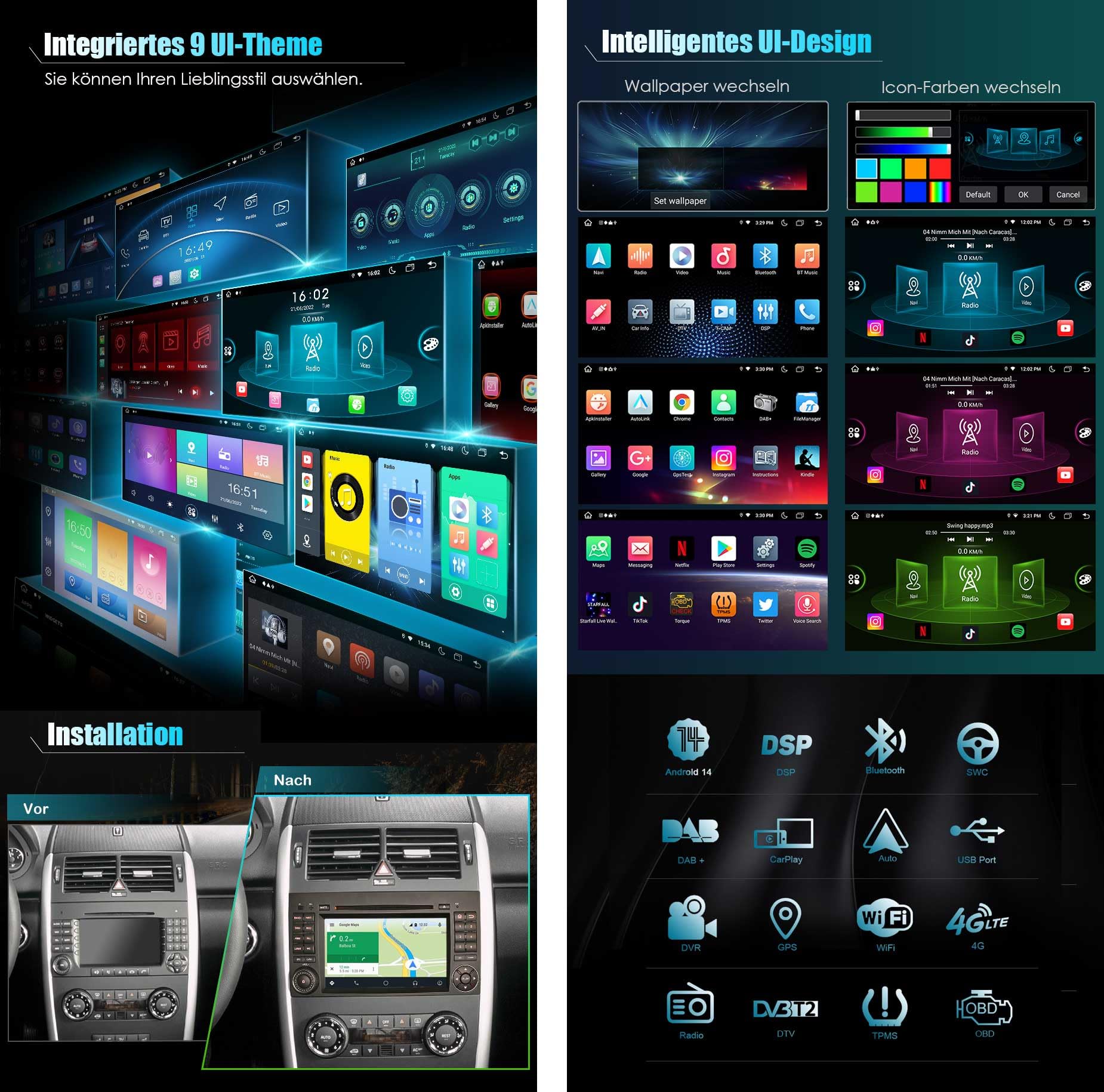 Erisin 8-Kern 4GB+64GB 7 Zoll Android 14 Autoradio mit GPS Navi Für Mercedes A/B Klasse W169 W245 Viano Vito Sprinter VW Crafter CarPlay Android Auto DSP WiFi 4G Bluetooth DAB+ RDS CD DVD Canbus