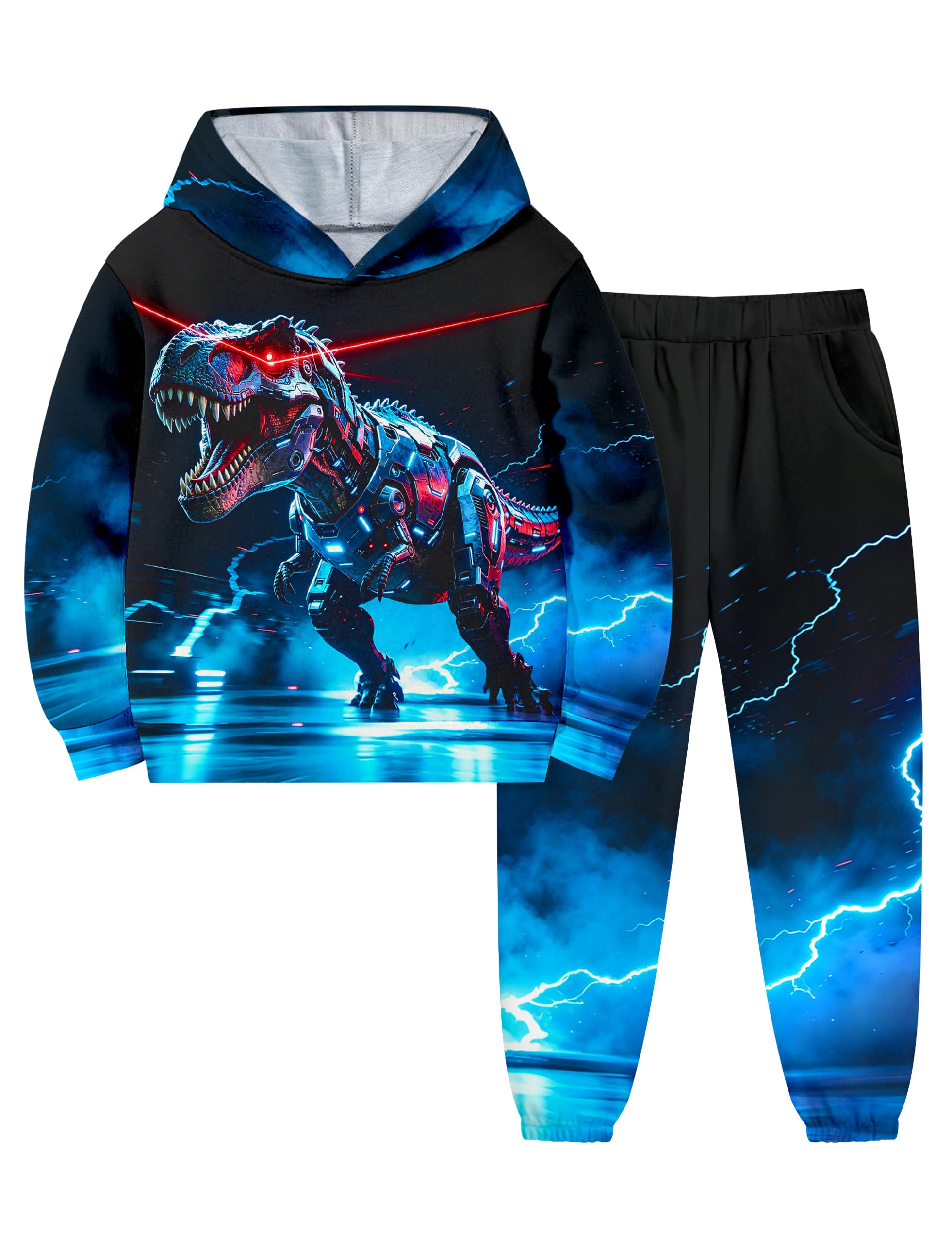 Boys Clothes, T-Rex Print Dinosaur Boy Clothes Fall Winter Outfits Long-sleeved Hooded Sweatshirt Pants 2Pcs Set