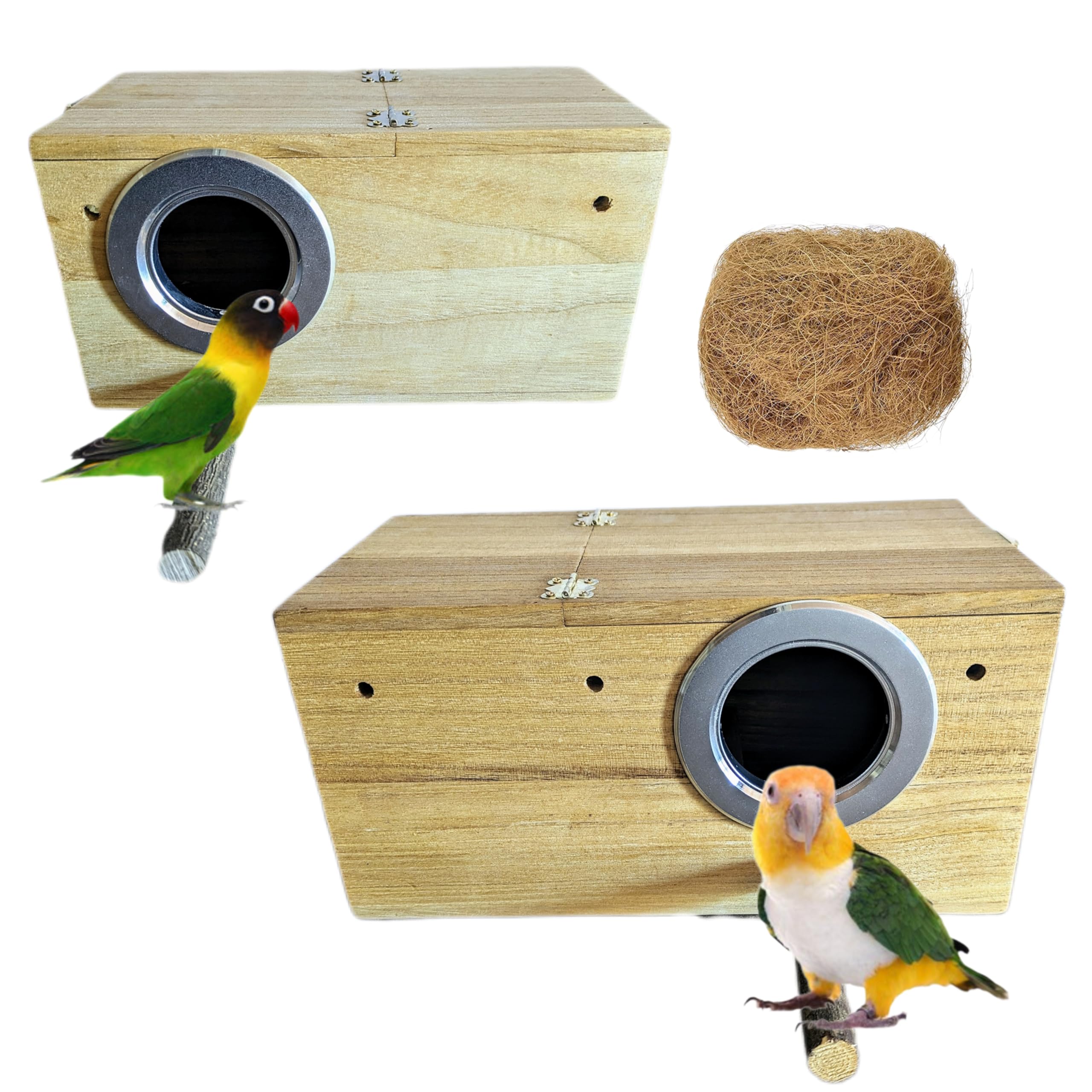 Nido para loro caique, pyrrhuras, caja de cría aves ninfa, casa para jaulas de pájaros canarios, mandarines, refugio conures con percha natural, cama aviario agaporni, loris. (M, + Fibra de coco)