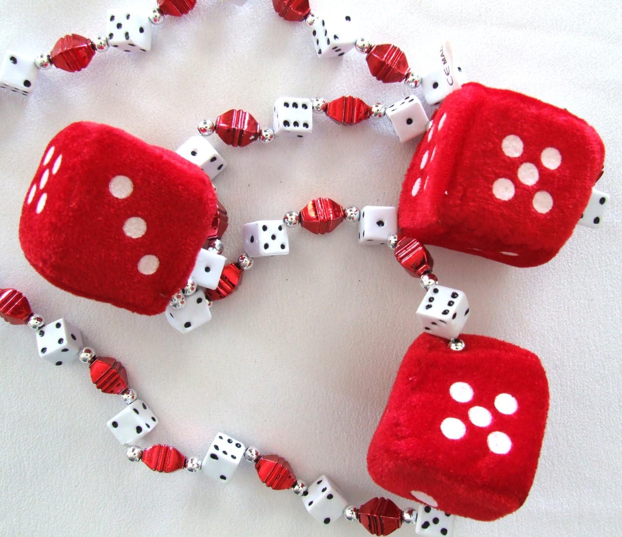 PDTXCLS New Orleans Red Fuzzy Dice Craps Mardi Gras Beads Necklace