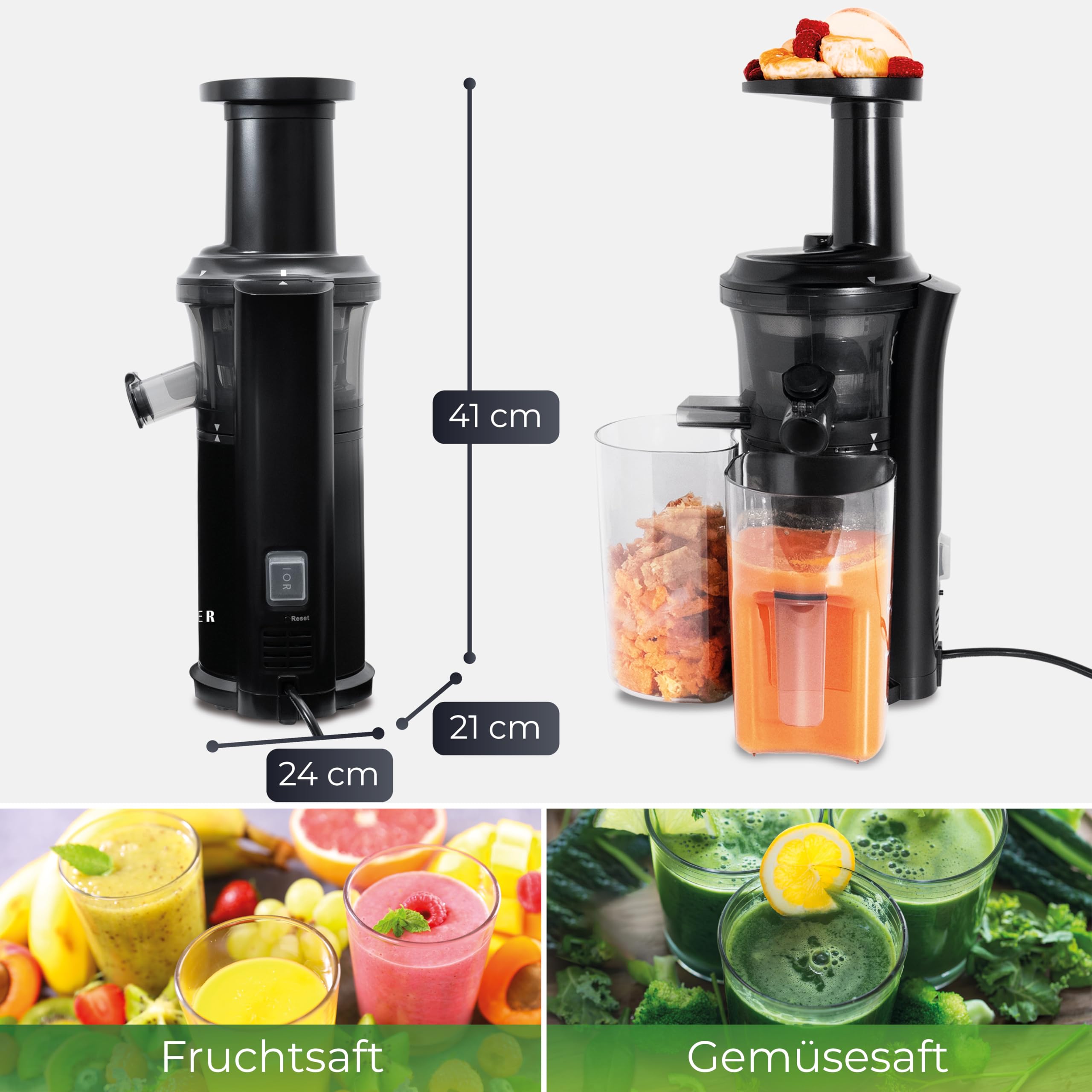 KLAMER Slow Juicer Gemüse und Obst, Entsafter mit Rückwärtsgang, elektrische Fruchtpresse mit Bürste und 2 Behältern, schlankes Design, schwarz