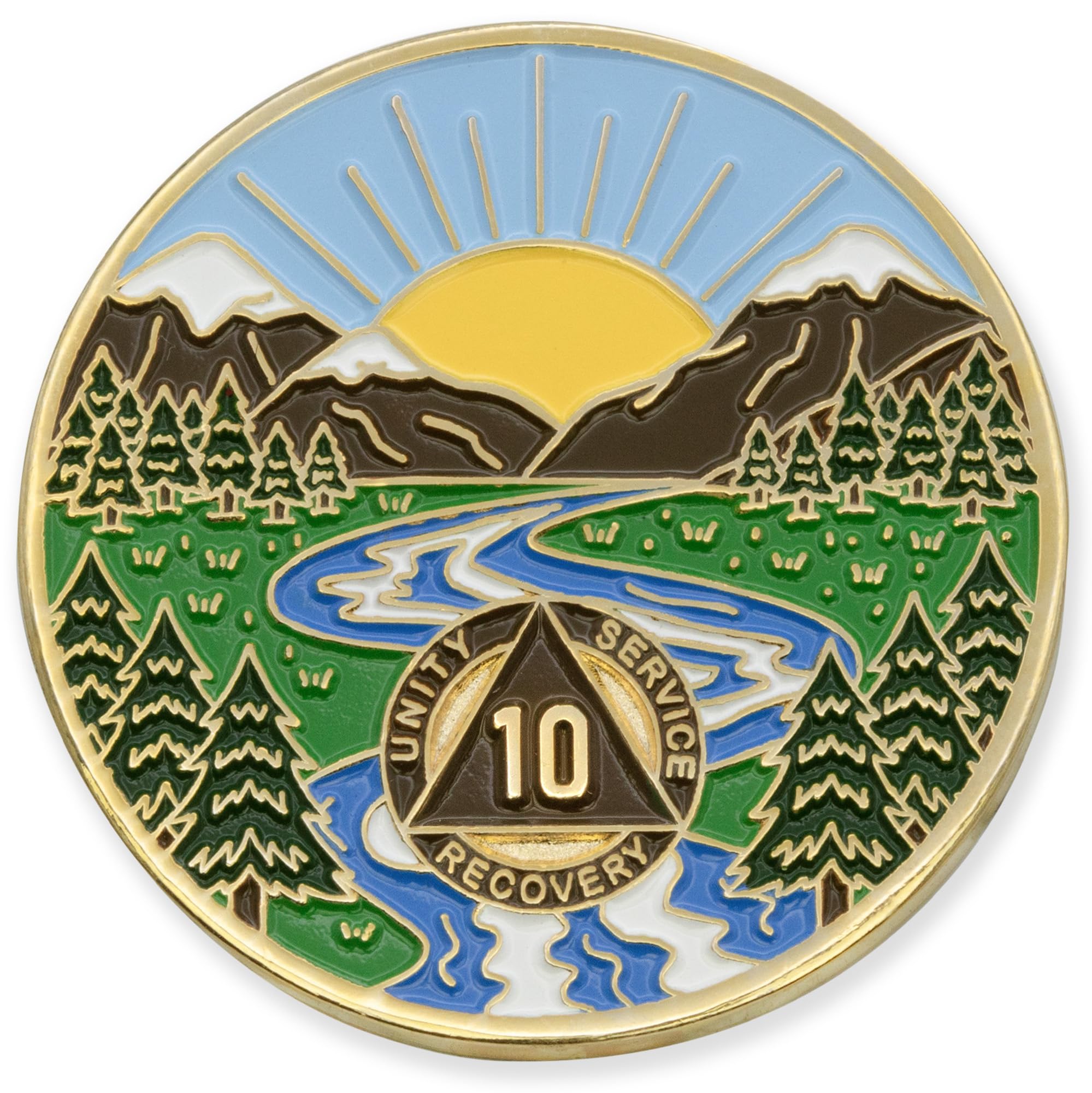 10 Year Sobriety Mint Winding River Gold Plated AA Recovery Medallion/Chip/Token