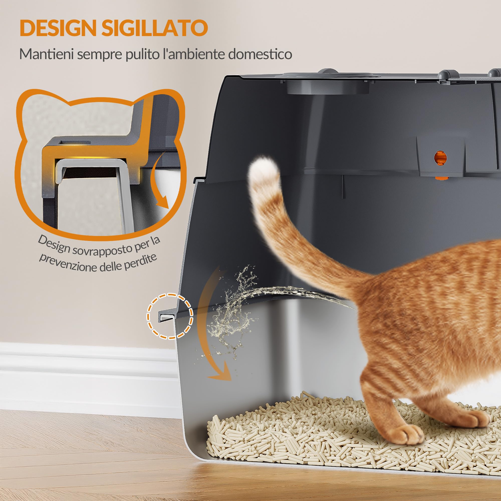 Lettiera Acciaio Inox Gatto XXL, 61 x 41 x 40 cm, Grigio Scuro | Lettiera Gatto Chiusa con Coperchio, Coperchio Incernierato a 180°, Pedale e Paletta, Facile da Pulire, Design Modulare