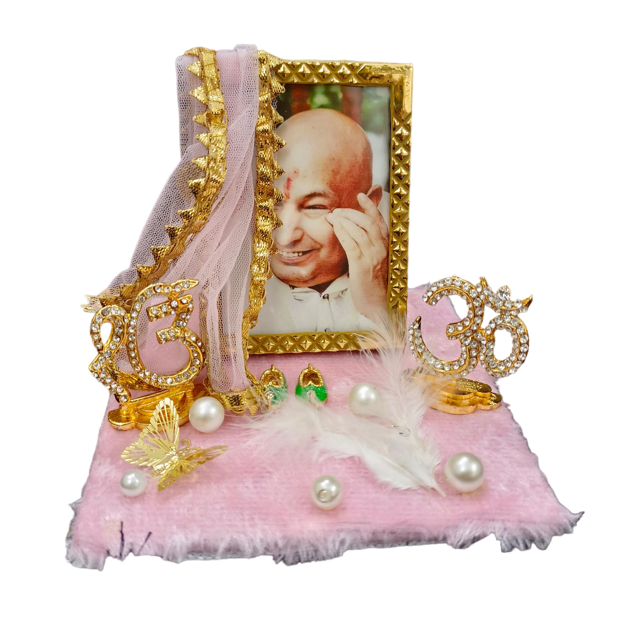 Gac Pure Blessings Jai Guru Ji Beautiful Mini Pink Darbar With Metal Om & Ekomkar With Gold Plated Butterfly Swaroop- Ideal For Gifting- Adventure Car Dashboard Figurine- Size 4.5Inch