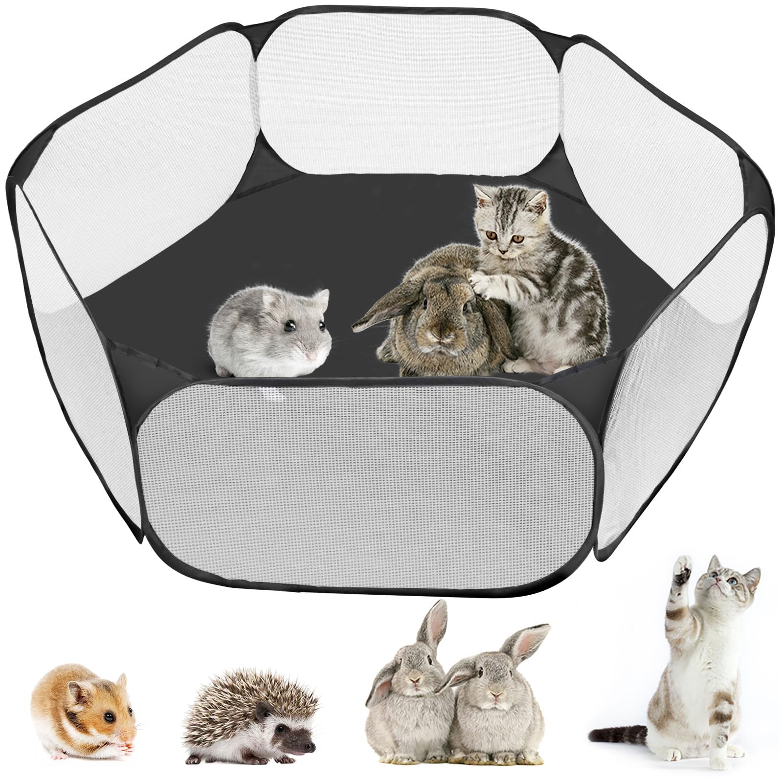 MAIKEHIGH Laufstall Kleintiere, Pop Up Gehege Kleintiere Faltbar Käfig Zelt Übungszaun für Meerschweinchen, Hamster, Guinea Pig, Kaninchen, Chinchillas, Welpe (Schwarz)