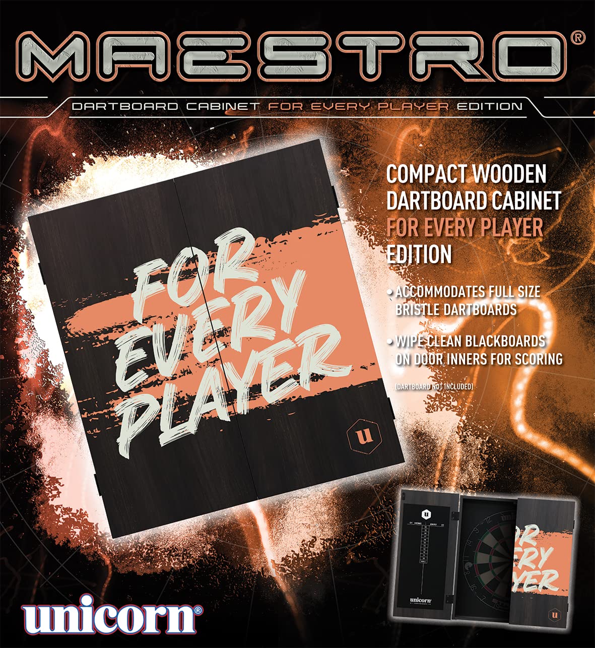 Armoire à Fléchettes Unicorn Maestro – Bois Noir, Pour Cible En Poils, Avec Craie Et Effaceur