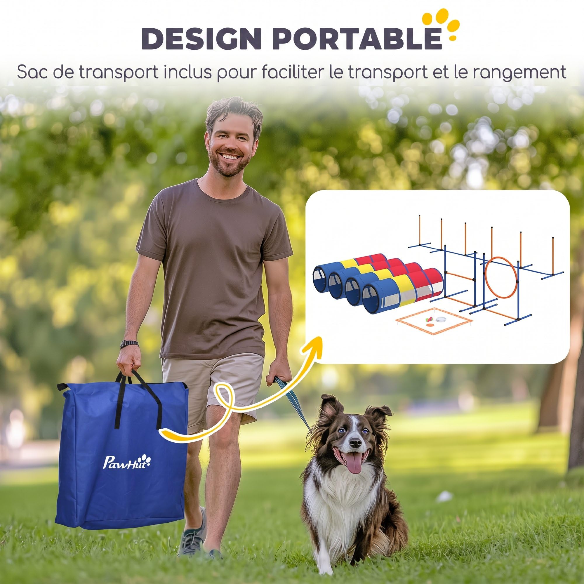 PawHut 12-częś. agility set, przeszkoda regul. i pierś. | Tor przeszk., Zest. ogrod., 4 tun., Słupki slal., Skrz. pauzy, Torb. smakoł., Miska, Torb. przen., Uż. wewn./zewn.