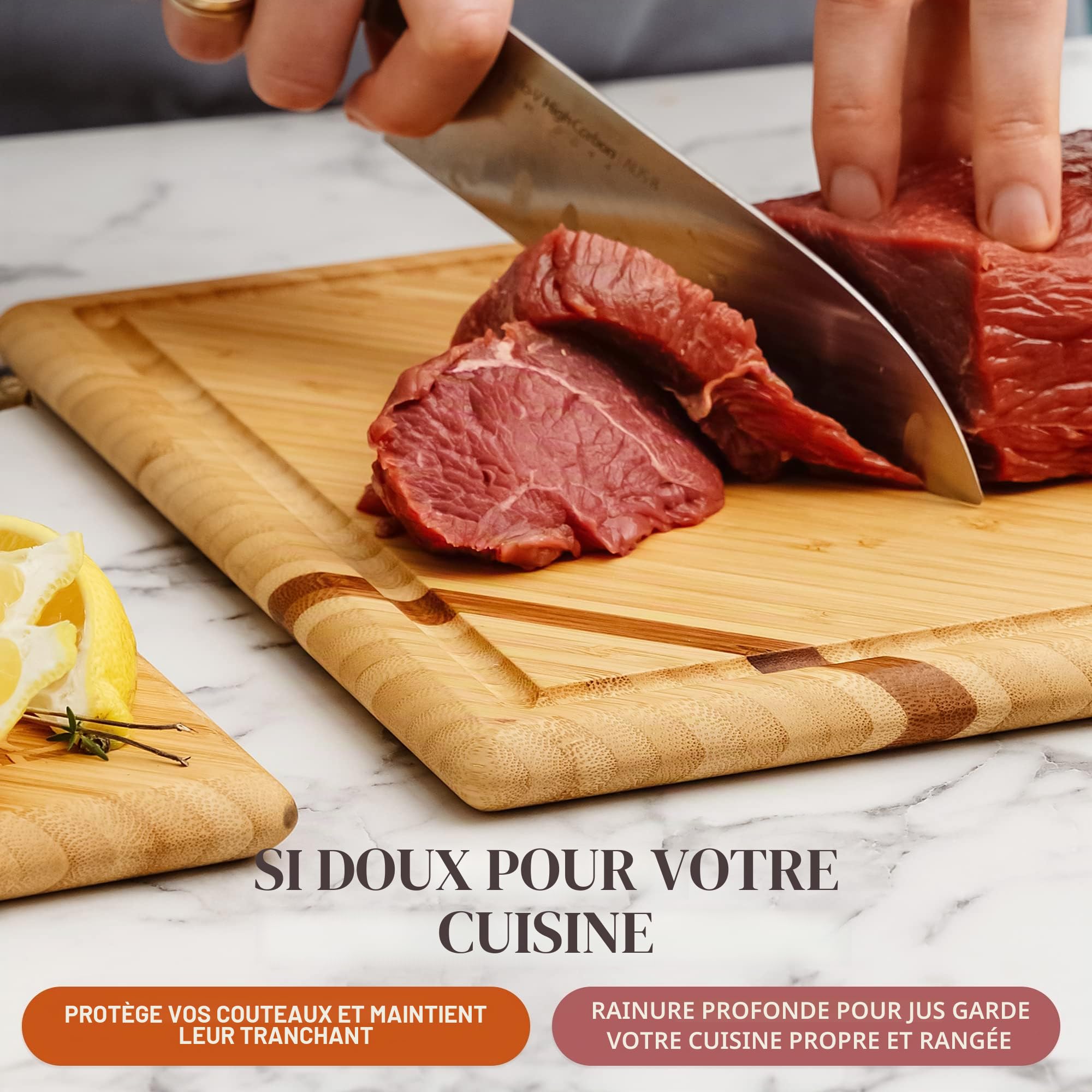 Planche a Decouper Bois Wellspring en Bambou - Grand Format (45x30 cm) - Planche à Découper Professionnelle de Luxe en Bois Biologique avec Rainure pour le Jus pour la Cuisine