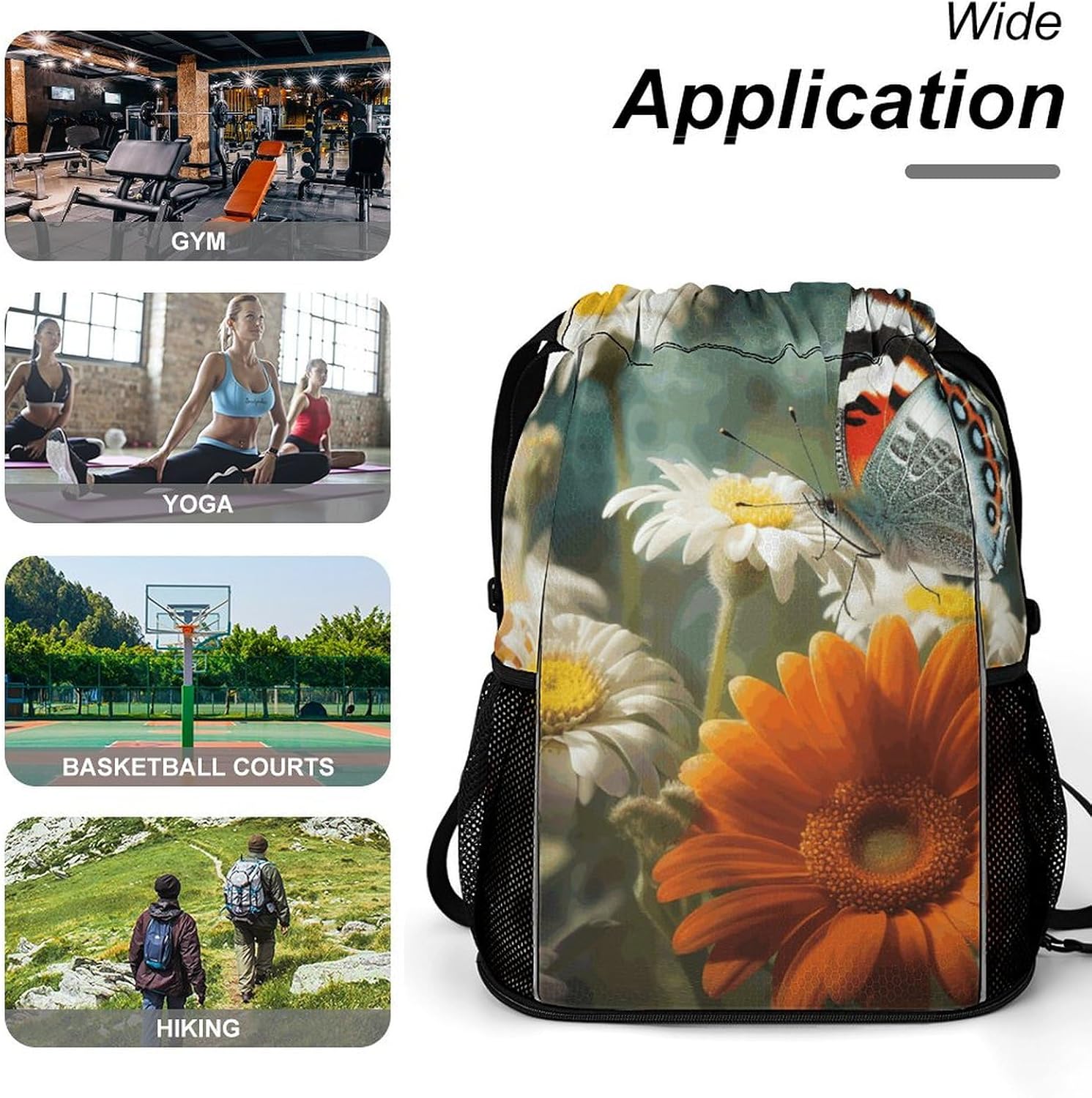 Sports Drawstring Backpack Flowers And Butterflies Lightweight Backpack Dry And Wet Separation Large Capacity