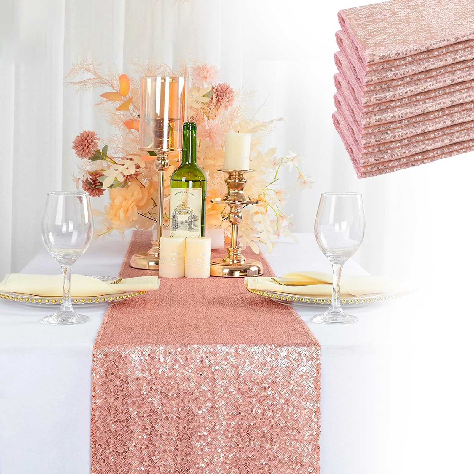 Eowppue Elegant Rose Gold Table Runner 30x180cm, Set of 2, Perfect for Wedding Banquet, and Hotel Decorations