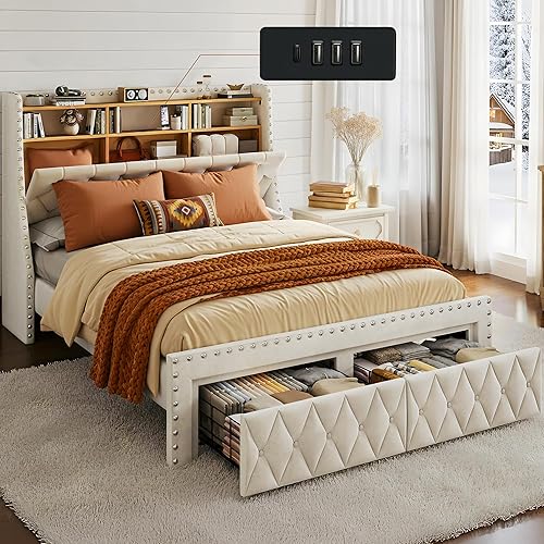 TATAGO 1000lbs Queen Size Bed Frame with Storage Headboard, Wood
