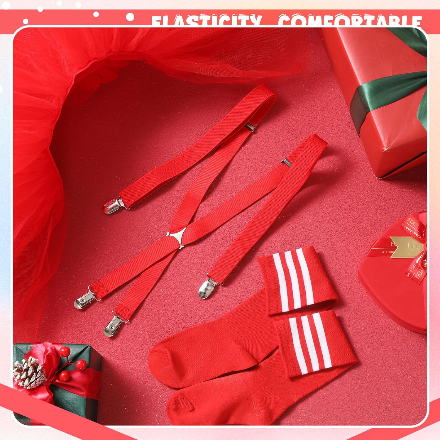 Zhanmai 3 Pcs Women's Costume Tutu Set 5 Layered Tulle Tutu Skirt Suspenders Striped Socks for Women Adult - Image 3