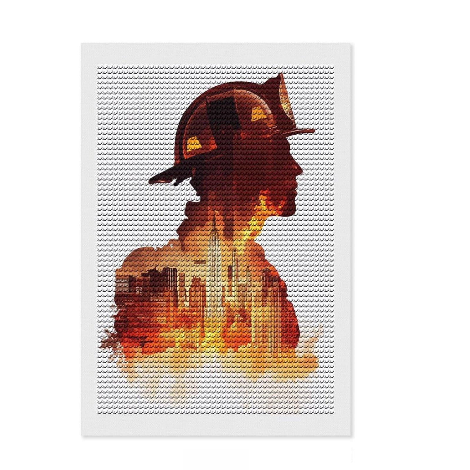 Junmoney Firefighter Silhouette Cityscape Diamond Art Canvas 8"x12", with Tool Kit, Office Decor, for Craft Lovers, Festive Craft Gift, Printed Canvas