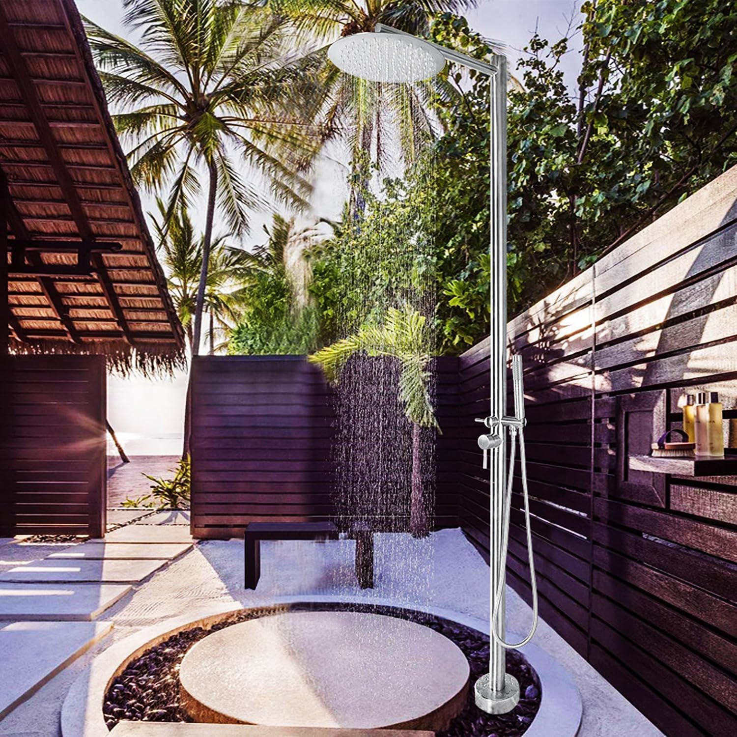 Outdoor Shower Garden Shower W/Adjustable Shower Head & Valve Controls, Standing Outdoor Shower Fixture System for Home/Commercial