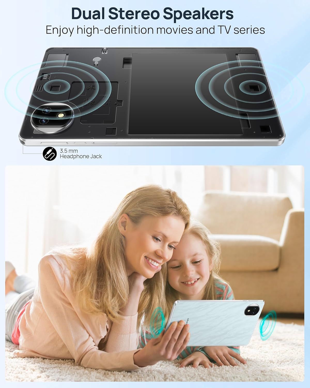 Ulefone Tab A9 Pro tablet showing internal components highlighting dual speakers and a 3.5mm headphone jack.