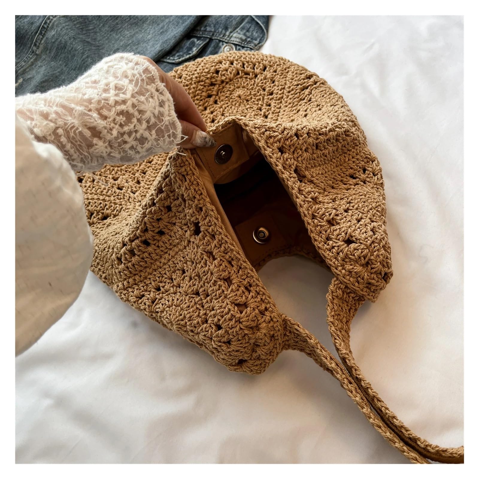 Bolso con Flores de Punto Bolso de cubo punto floral estilo rústico, bolso hombro gran capacidad con tejido calado, diseño moderno for jóvenes