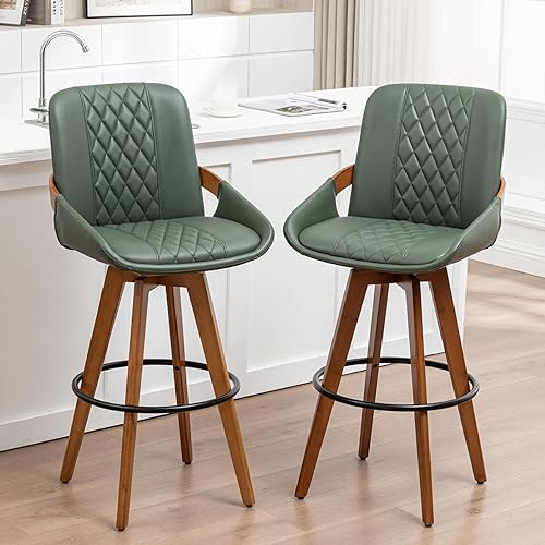 Juego de 2 taburetes de altura de mostrador de 26 pulgadas, taburete giratorio tapizado moderno de mediados de siglo con respaldo curvado y brazos