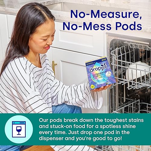 Miniatura 27 de Dropps Detergente para lavavajillas, aroma Fresh Rain, 64 cápsulas, limpia profundamente, empaque de bajo desperdicio, sin prelavado o enjuagado,