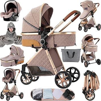 Magic ZC 3 in 1 Pushchair Pram Travel System, Baby Stroller 3 in 1 with Reversible Two Pushing Modes, Newborn Infant Carriage One-Click Folding, Toddler Buggy Aluminum Frame V9 Khaki