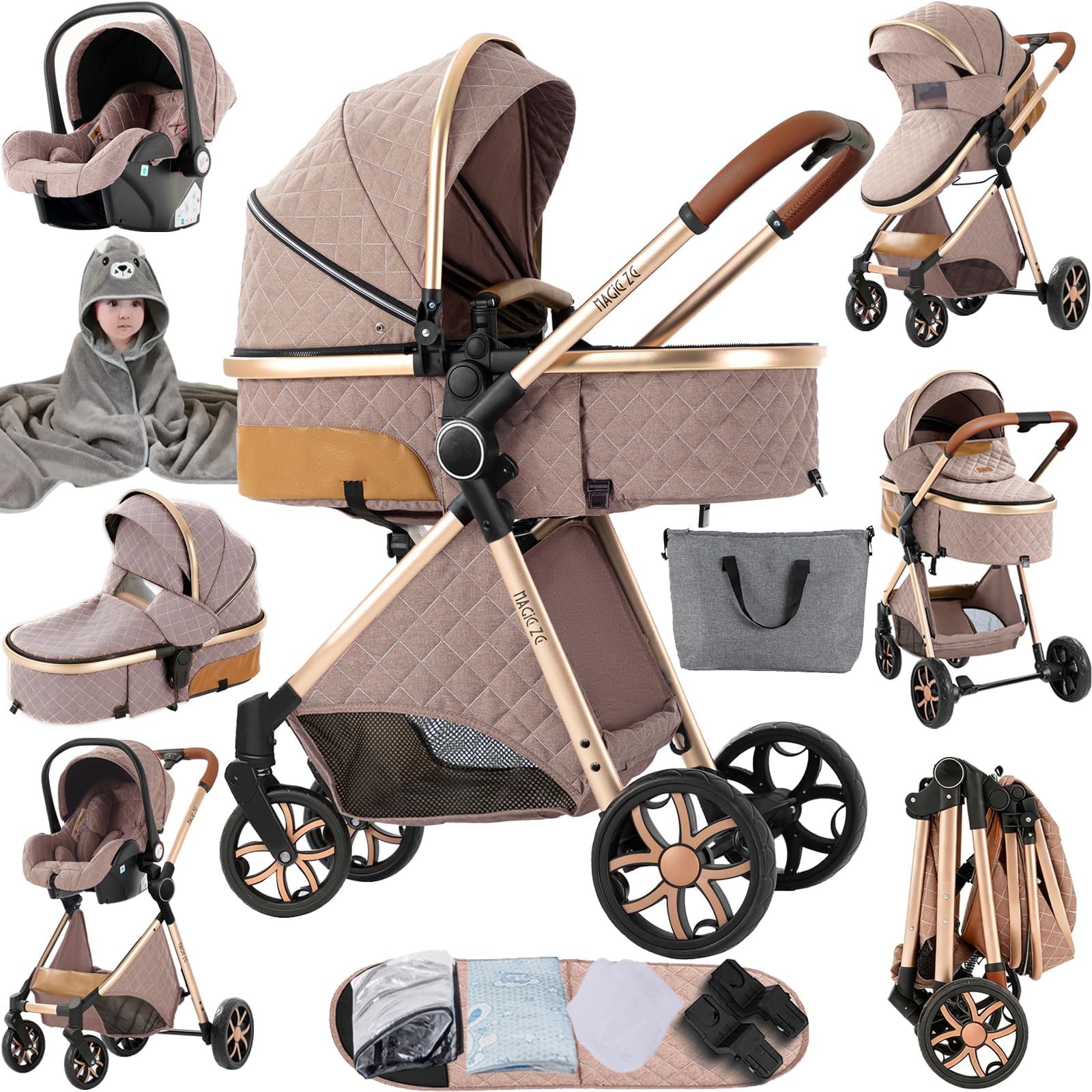 Magic ZC PU Leather 3 in 1 Pushchair Pram Travel System, Baby Stroller 3 in 1 with Reversible Two Pushing Modes, Newborn Infant Carriage One-Click Folding, Toddler Buggy Aluminum Frame (Black 518) — view 11