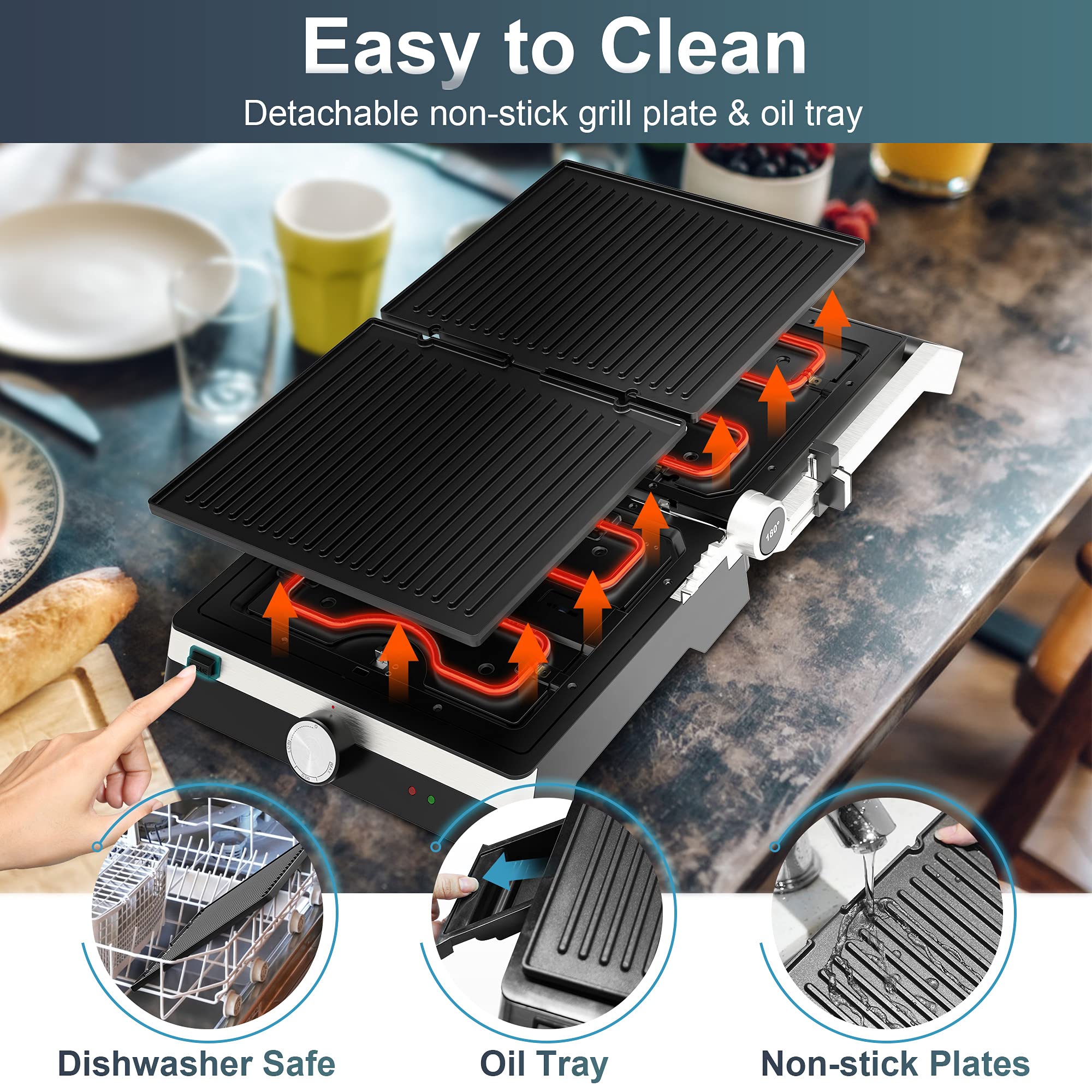 OMAIGA Panini Press, Sandwich Maker, 1500W 6-Serving Indoor Grill, Stainless Steel Top Surface, Detachable Non-stick Die-cast Aluminium Plates, Upright Storage, Opens 180 degrees