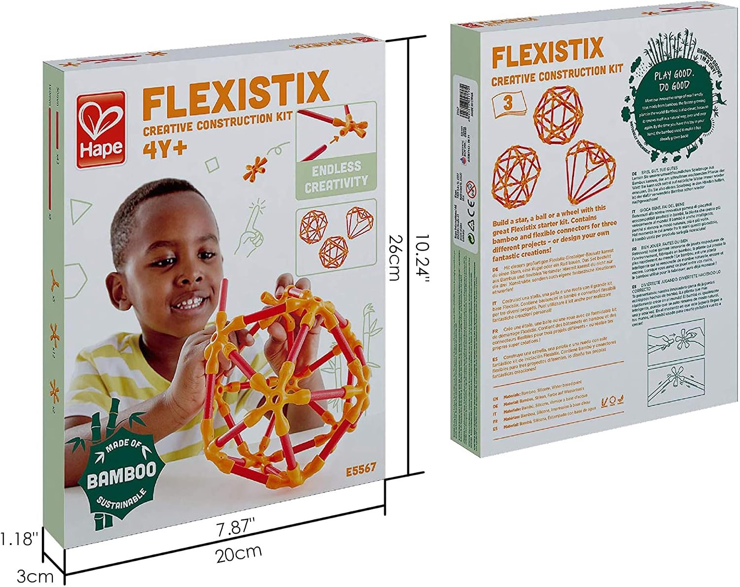 Hape Flexistix Creative Construction Kit box showing contents and dimensions
