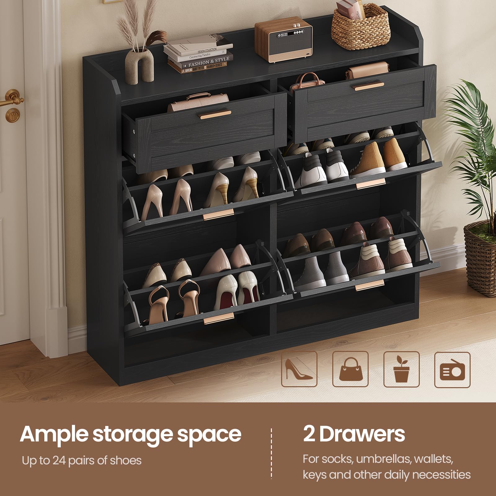 KIMENICH Scarpiera con 4 Scomparti a Ribalta, Scarpiera Salvaspazio, Scarpieras con 2 Cassetti, Divisorio Regolabile, per 16-24 Paia di Scarpe, Corridoio, Ingresso, 24 x 100 x 103 cm, Nero