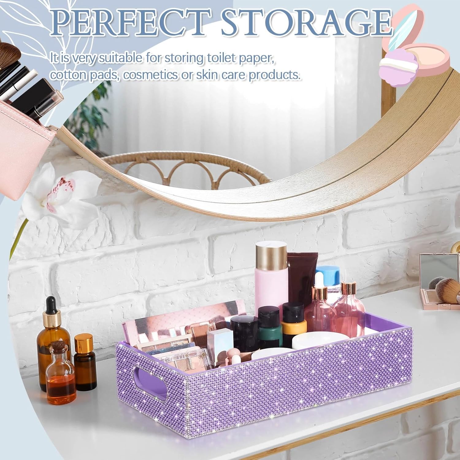 Honeydak Bling Rhinestone Purple Pearl Bathroom Basket with Handle, 13" x 6" x 3" Toilet Tank Tray, Crushed Diamond Bathroom Decor, Back of Toilet Storage Organizer, Sparkly Gifts for Women