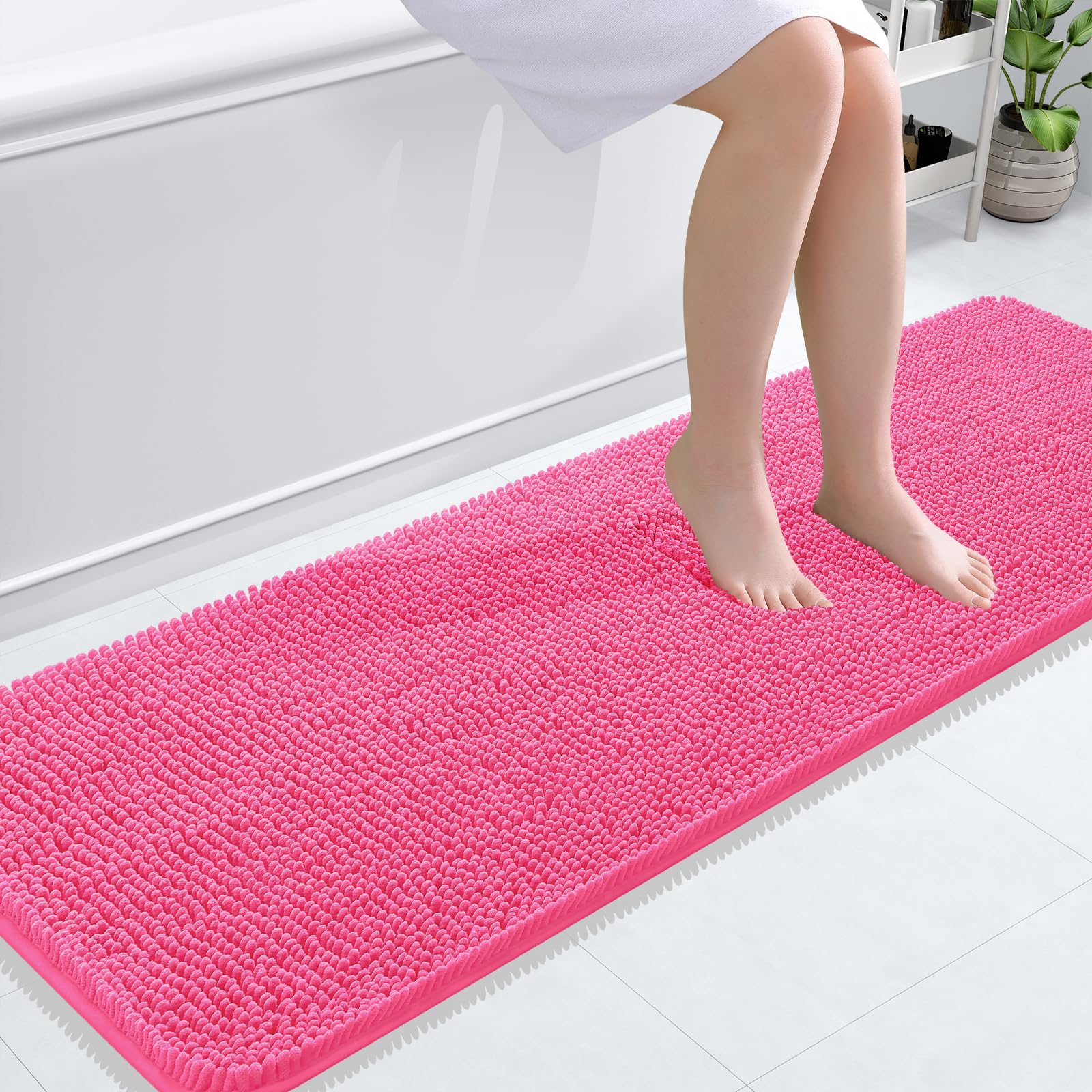 OLANLY Bathroom Runner Rugs 59x20, Soft Absorbent Chenille Bath Rugs, Rubber Backing Quick Dry, Machine Washable Long Bath Mats for Bathroom Floor, Tub and Shower, Home Decor Accessories, Hot Pink