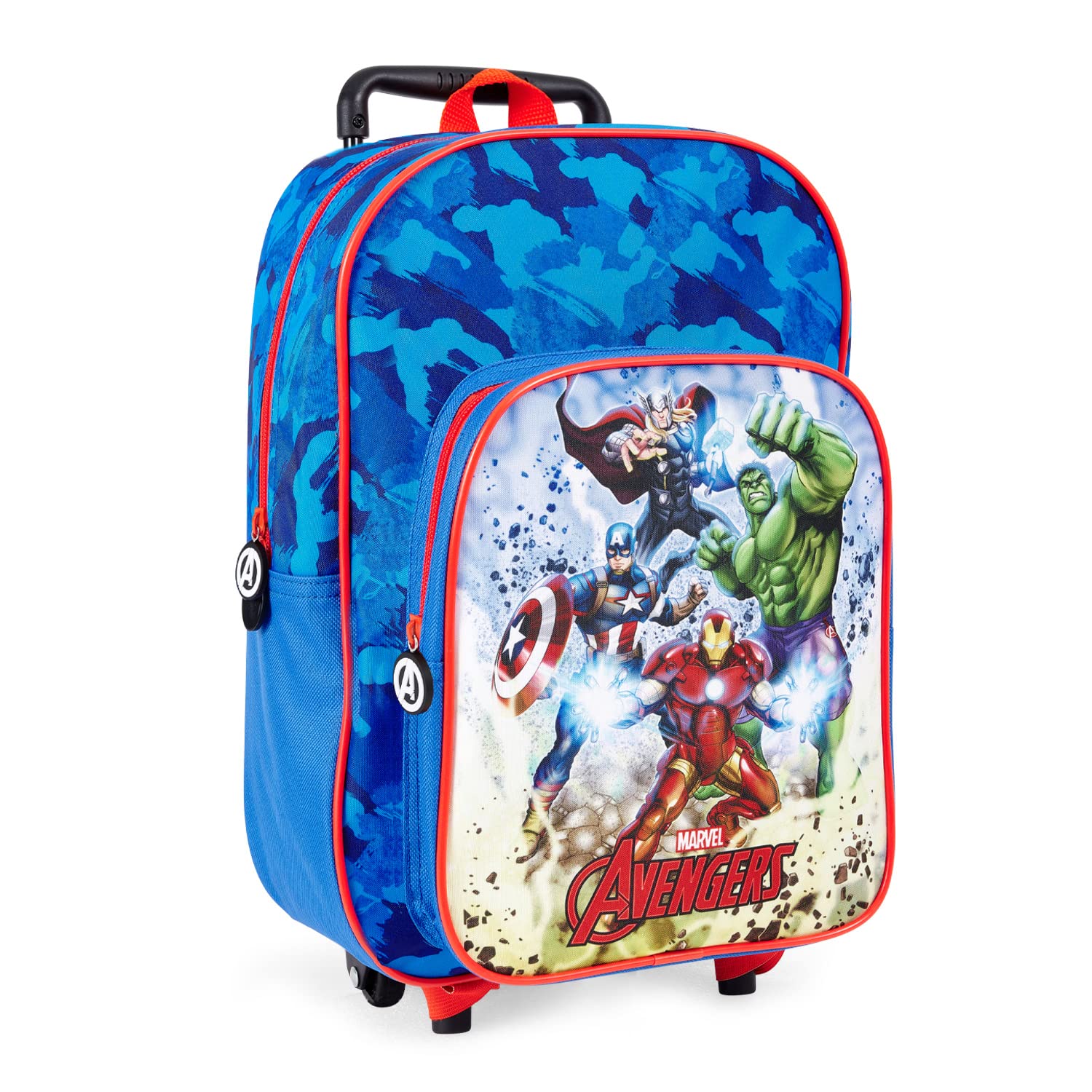 PERLETTI Mochila con Ruedas Marvel Avengers para Niños - Mochila Trolley Niño con Superhéroes Azul y Rojo con Carro Removible - Trolley Infantil para Guardería Viaje Correas Ajustables - 36x25x12cm
