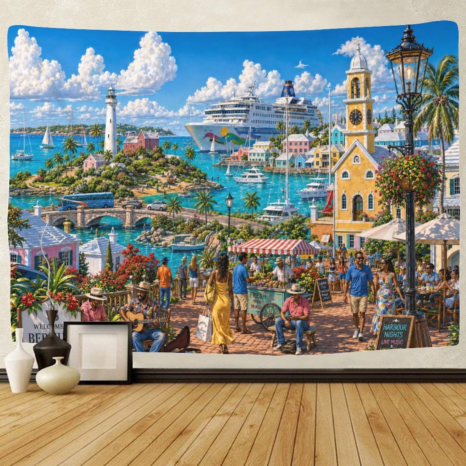 ASDFGHJKLZA Bermuda Harbor Wall Hanging Decor 3D Print Tapestry for Bedroom Cruise Ship Tapestries Poster Curtain Bedroom College Dorm 70cmx100cm