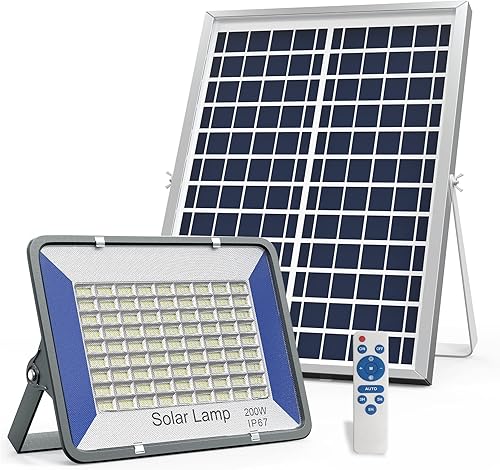 Luces de inundación solares de 200 W para exteriores, IP65, impermeables, del atardecer al amanecer, luces de inundación solares con control remoto,