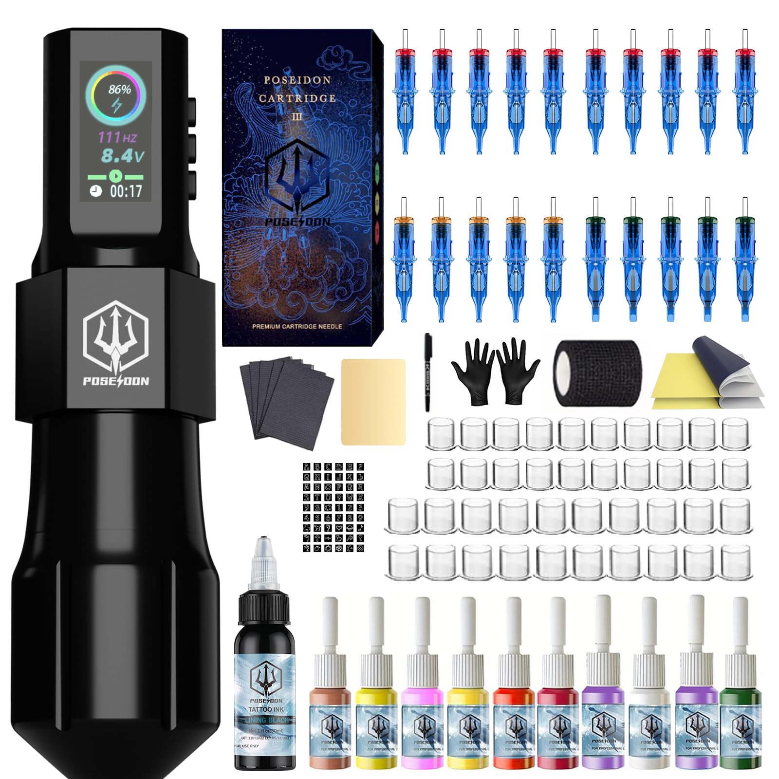 POSEIDON Tattoo Gun Kit - Pen with 20Pcs Needles Cartridge and Wireless Power, Pen Kit with Digital LED Display, Tattoo Machine Tattoo Supplies for Artist