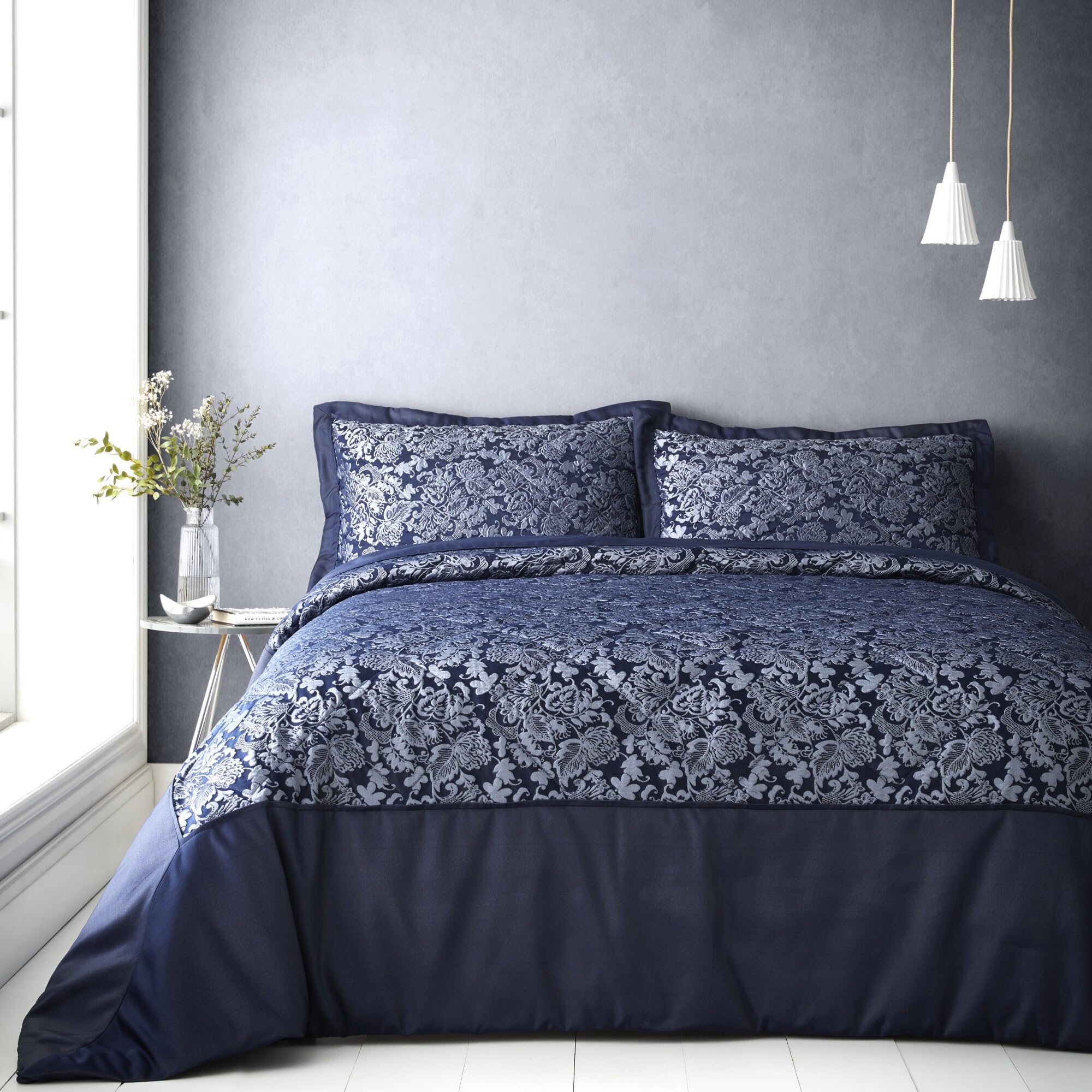 Jacquard Damask Floral Quilted Bedspread Bed Throw Throwover Pillowsham Set Navy