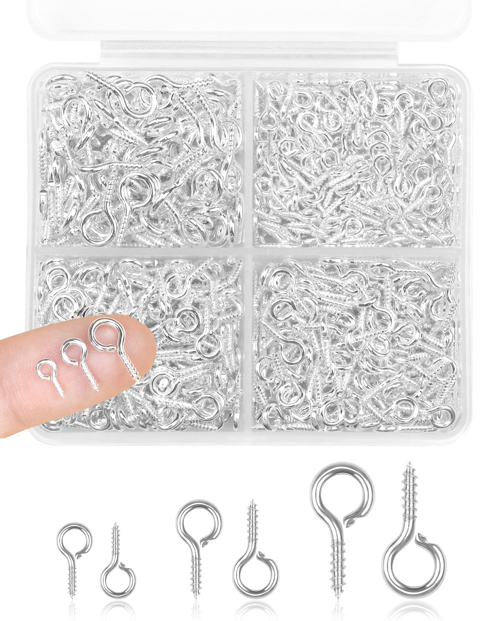 YuepTryp 610pcs Silver Small Screw Eye Pins for Jewelry Making & DIY Crafts, Mini Eyelet Screws for Art Projects & Bead Charms, Tiny Eye Hooks, Mini Eyelet Hooks for Cork Top Bottles (3 Sizes)