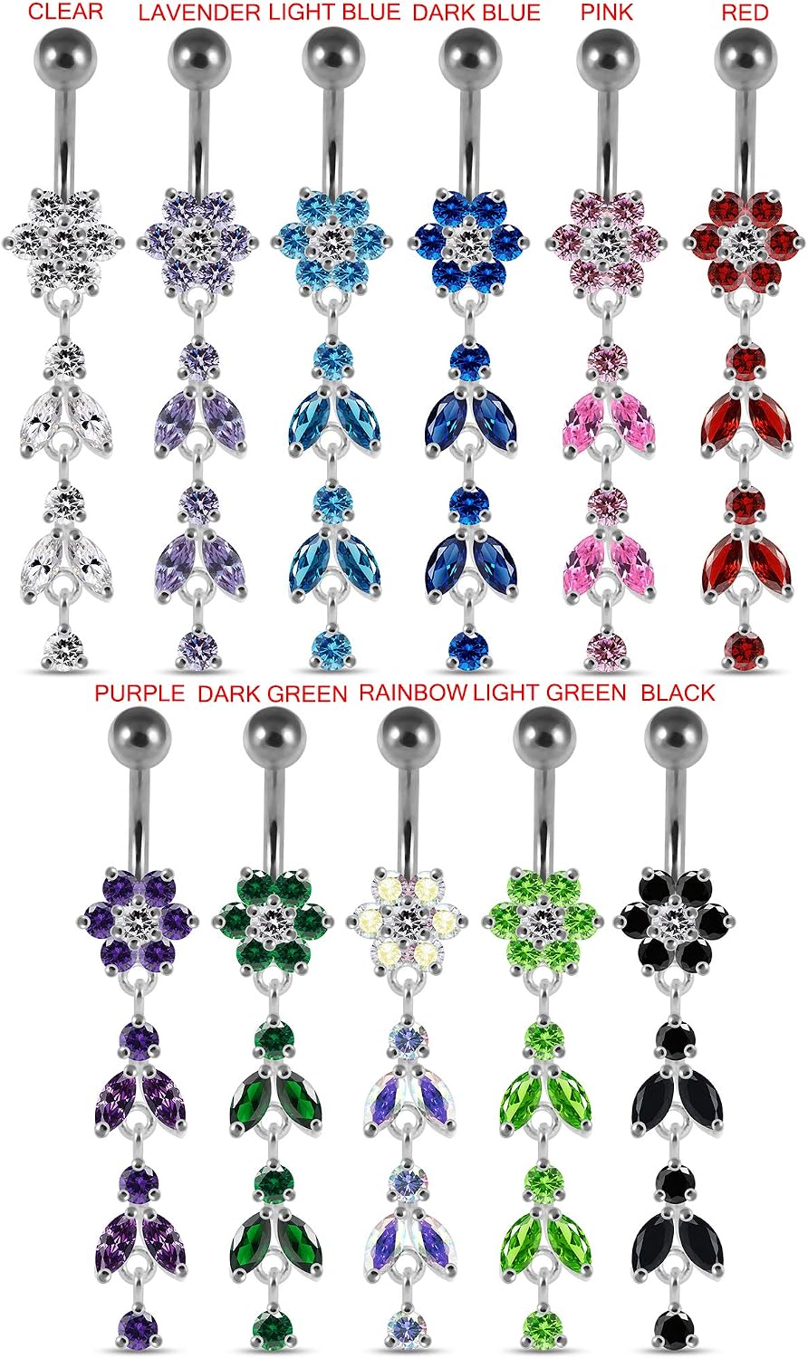 Stylish Studded Flower with 2 Leaf Dangling Design 925 Sterling Silver with Stainless Steel Belly Ring - Belly Button jewelry - Navel jewelry