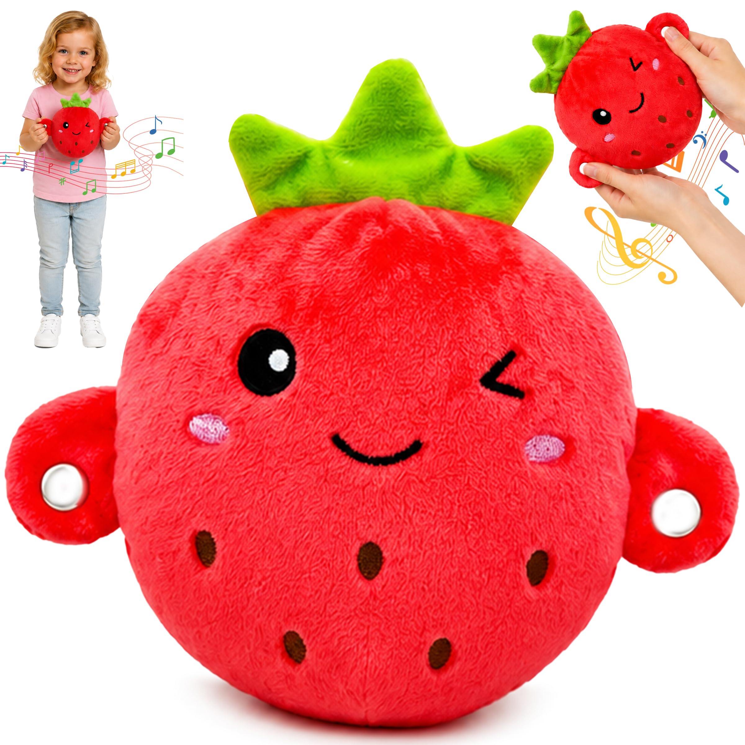 PICKSMOCUB Interactive Music Plush Toy Touch Sensor Musical Stuffed Fruit Toy Educational Interactive Toys Soft Plush Toy for Babies Toddlers Kids Birthday Gift Strawberry
