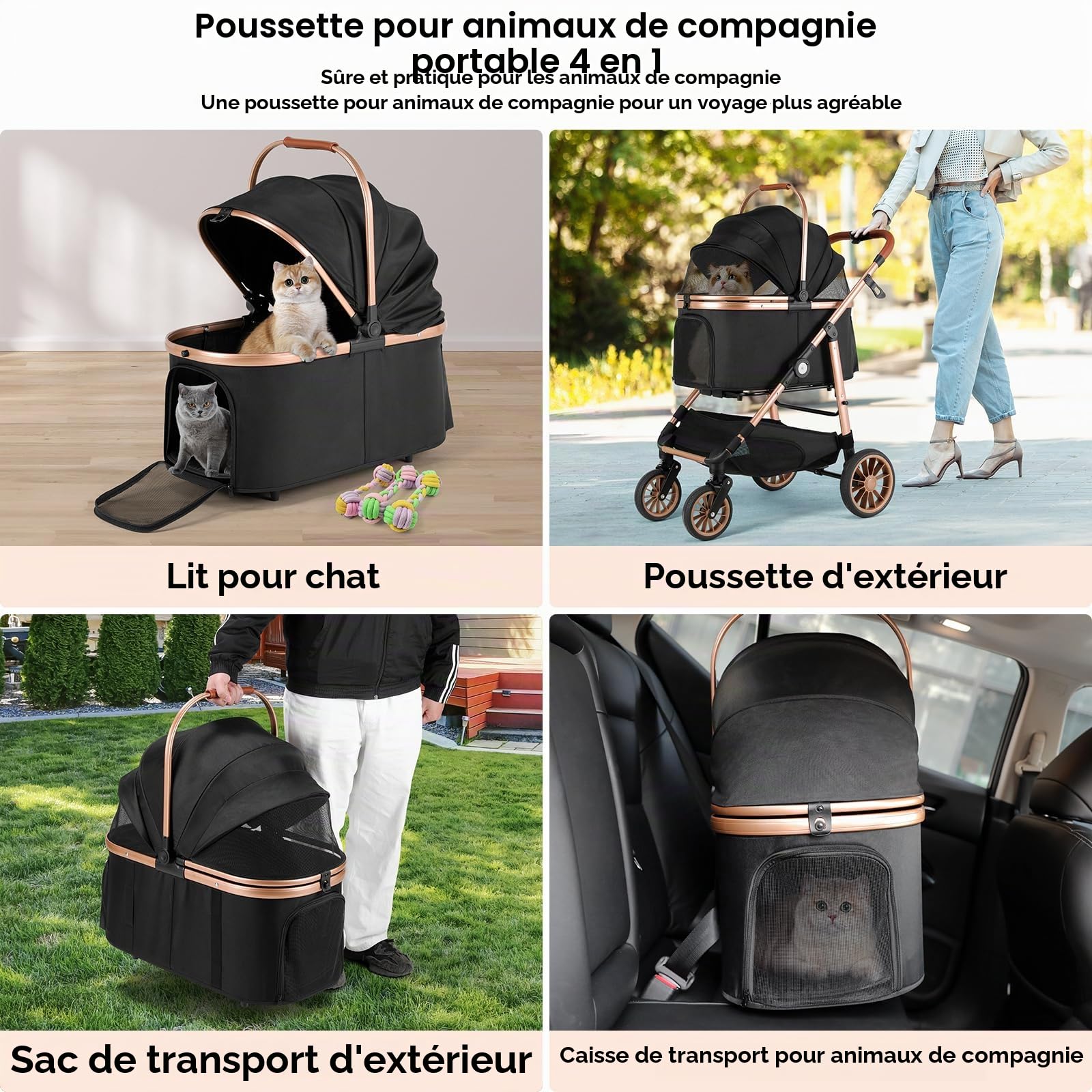 MAMIZO Poussette pour Chien 4 en 1, Pliable jusqu'à 25 kg, Sac de Transport Pliable, 4 PCS Roues Caoutchouc 360° avec Suspension Amortissante, Poussette Chien Tout Terrain (Noir)